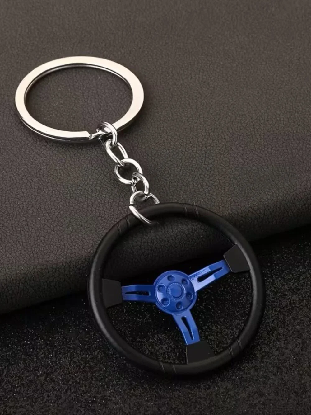 Blue 3 Spoke Racing Steering Wheel Keychain Drift Car Key Ring Enthusiast Gift